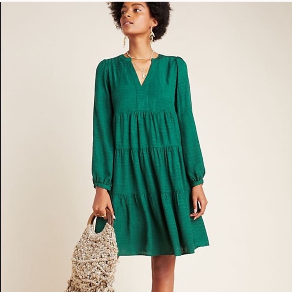 Anthropologie Emerald Green Tiered Long-Sleeve Dress